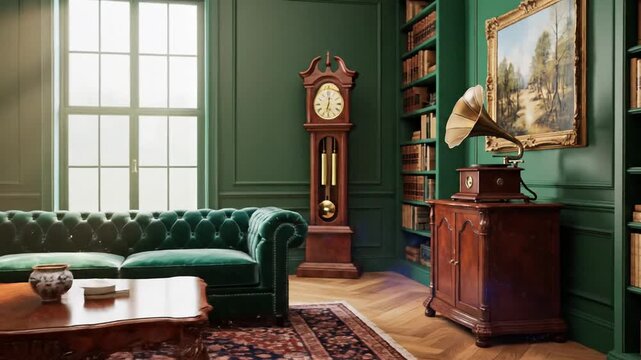 Elegant vintage living room with emerald walls tufted sofa, wooden, coffee table, clock Persian rug