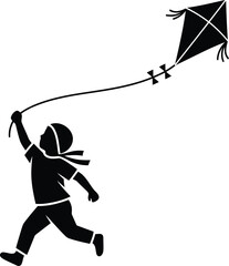 Fototapeta premium Black silhouette of a happy child running and flying a kite isolated on white background