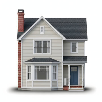 Twostory beige house with gray roof and blue door and red brick chimney outside transparent background