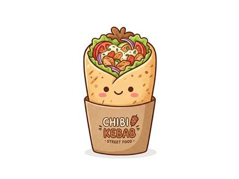 chibi kebab wrap street food, simple clean, white background

