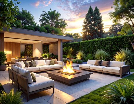 A serene backyard patio with a fire pit and modern furniture