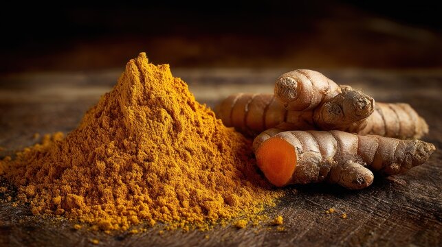 Turmeric powder and root on wooden surface close up healthy food concept