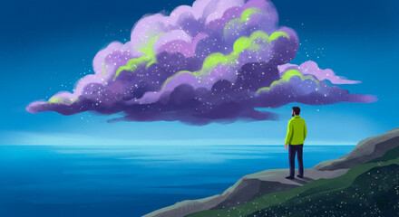 Fototapeta premium Magical Neon Clouds Above The Deep Blue and man