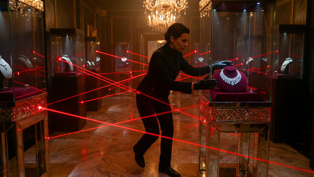 A stealthy, black-clad female operative carefully navigates a complex network of bright red laser security beams while attempting to expertly retrieve a luxurious, valuable diamond necklace from an