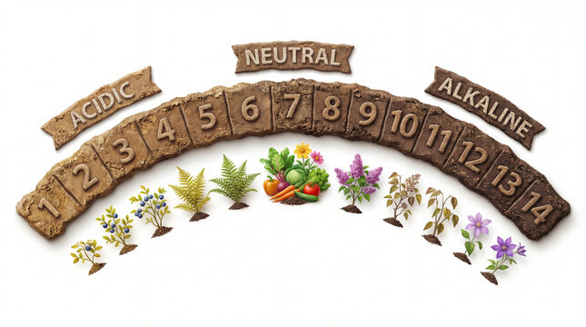 Soil pH chart guides plant choice. Soil chart maps acidic, neutral, alkaline ranges with berries, ferns, vegetables, flowers, helping soil planning, crop selection, garden education