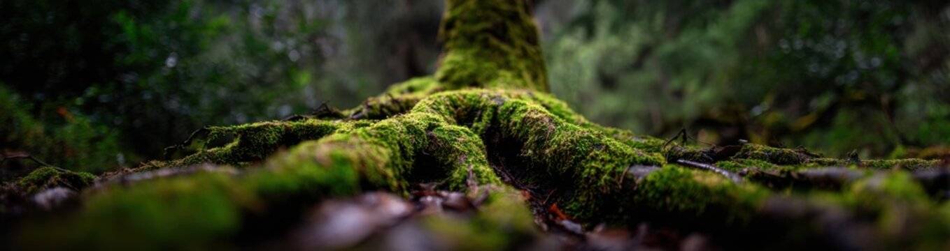 Ancient moss-covered tree roots intertwining in lush forest undergrowth