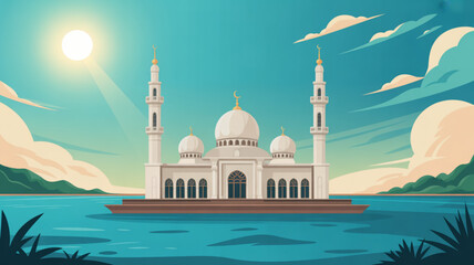 Naklejka premium Serene mosque on water with domes and minarets under sunny blue sky