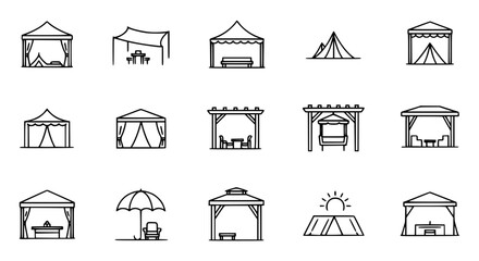 Minimal canopy outline icon set with tent, gazebo, pergola, and outdoor shade structures © MdMahfizur