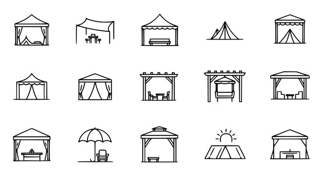 Minimal canopy outline icon set with tent, gazebo, pergola, and outdoor shade structures