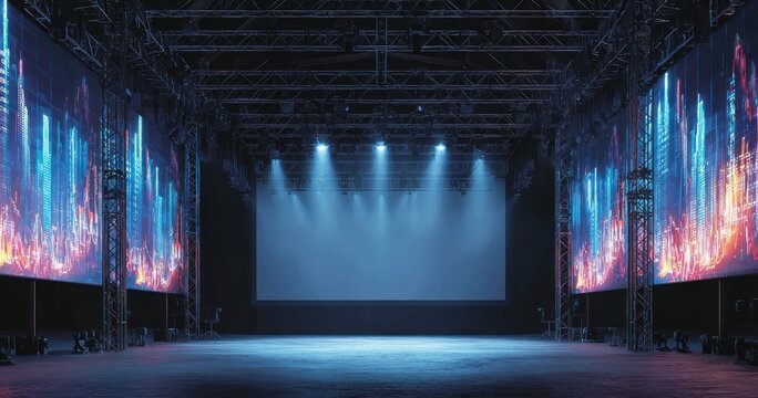 Modern empty stage with led displays and spotlights for events
