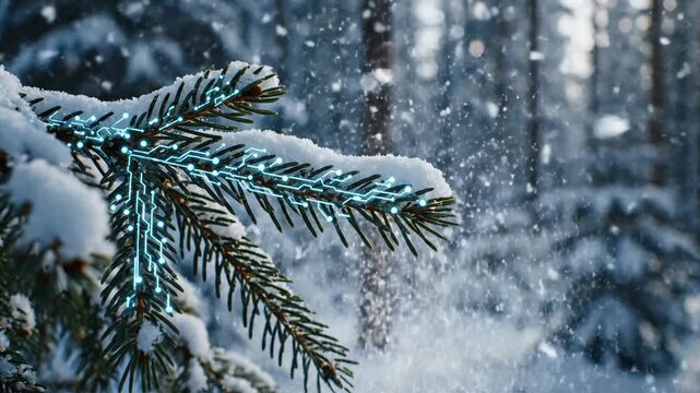 Winter Snowfall on Frosty Pine Branches.