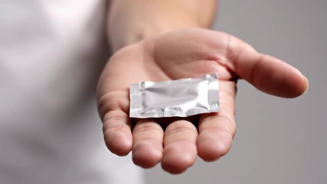 Close Up Hand Holding Condom Packet In Gesture.