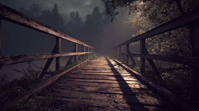 Wooden bridge leading into a dark forest with mysterious atmosphere