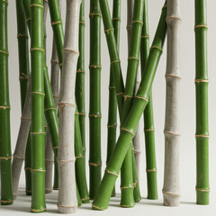 Fototapeta premium Green and gray bamboo poles with visible nodes, studio lit, minimalist background, natural texture, organic material, decorative arrangement.