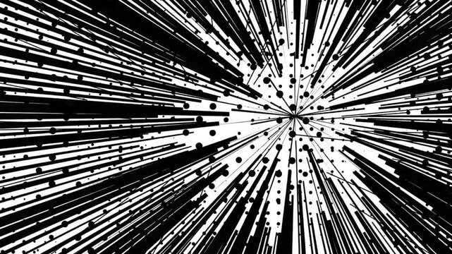 Dynamic Black and White Manga Comic Speed Lines Loop with Halftone Patterns, Katakana Onomatopoeia, and Kinetic Strobe Impacts
