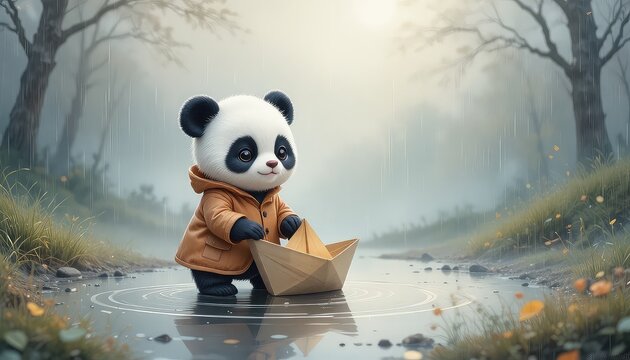 A small panda in a raincoat holding a paper boat