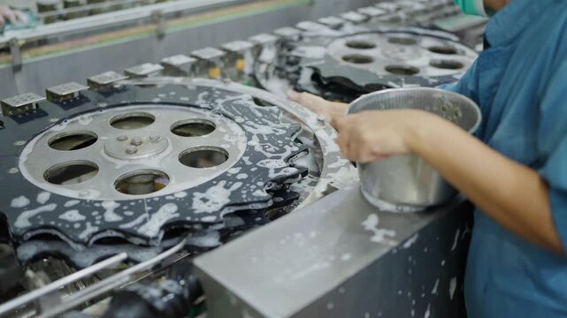 Machine Maintenance in Industry: A worker meticulously cleans machinery, demonstrating diligence and precision in industrial maintenance.