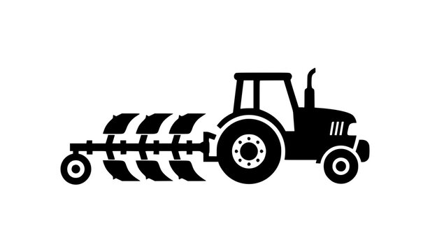 Farm tractor with plow silhouette side view agriculture vector icon