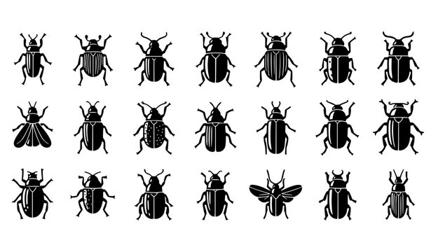 Insect silhouette icon grid beetle bugs doodle vector set
