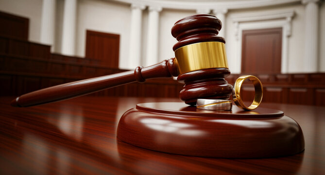 A highly symbolic wooden judge's gavel with a shining brass band rests on a polished dark wood table, poised beside two wedding rings, one gold and one silver, representing legal proceedings,