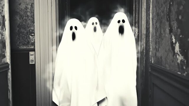 Several entities covered in white sheets are present in a corridor of an old house during the night, inducing fear. A scary encounter with ghosts becomes reality in this video