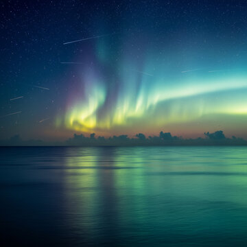 Northern Lights shimmering starry sky, reflected on tranquil sea, meteor trails visible, night phenomenon, natural light show.