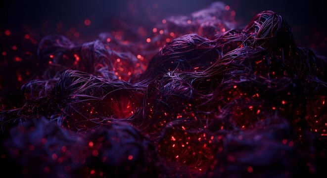 Eerie Abstract Macro View of Entangled Fibers with Glowing Red Particles
