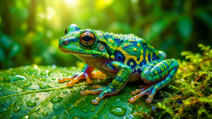 Obraz premium A mesmerizingly vibrant tropical frog with captivating golden eyes and intricate green, blue, yellow, and orange skin patterns sits calmly on a dew-kissed leaf, showcasing its exotic beauty in rich