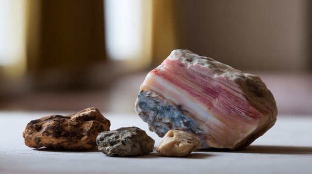 Stunning pink opal gemstone surrounded by rough natural rocks