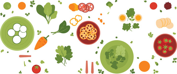 Obraz premium Healthy vegetable dishes and ingredients top view salad soup pizza flat vector illustration set