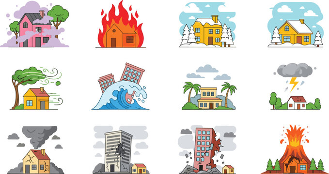Natural Disaster Vector Set with Fire, Flood, Earthquake, Tornado, Storm and Volcanic Eruption Scenes for Emergency, Climate Crisis and Safety Illustration