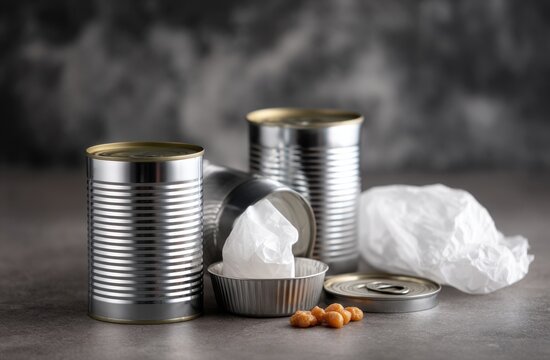 Shiny empty tin cans with crumpled paper and small snacks displayed