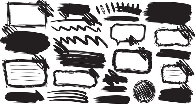 A versatile collection of black ink-style design elements, featuring messy rectangular borders, thick brush strokes, wavy lines, and distressed highlight textures for creative layouts and journaling.