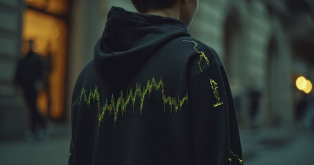 Obraz premium Man in black hoodie walking away on urban street with yellow graphic