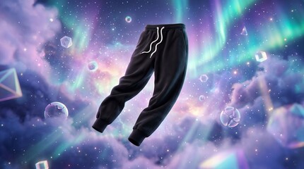 Obraz premium Black casual sweatpants floating surreal outer space background with aurora lights