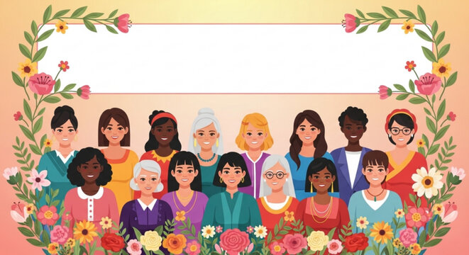 Diverse group of women and seniors with flowers colorful illustration for greeting cards and celebrations