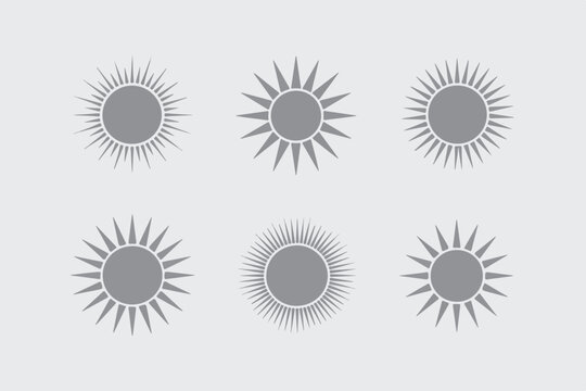 Grey sun icons set featuring various ray styles and geometric solar shapes for weather forecasting and summer season concepts.