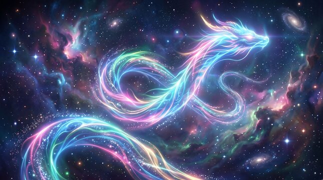 Colorful cosmic dragon glowing mystically in vibrant outer space galaxy background