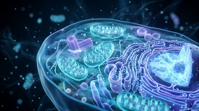 Detailed 3D Visualization of a Eukaryotic Cell Highlighting Organelles and Structures