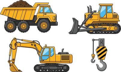 Cartoon construction machinery illustration featuring yellow dump truck, bulldozer, excavator, and crane hook with striped safety pattern for heavy equipment, building, and engineering design concepts © MstMarufa