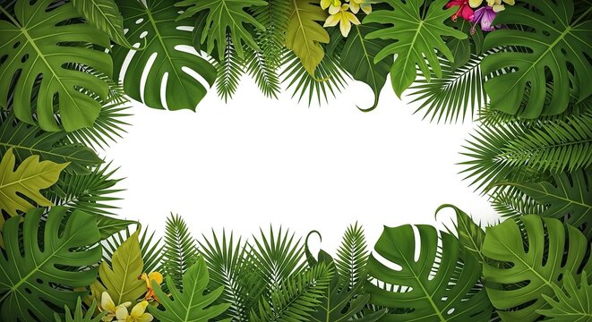 Tropical leaf border with exotic green plants and colorful flowers on white background for design and decoration