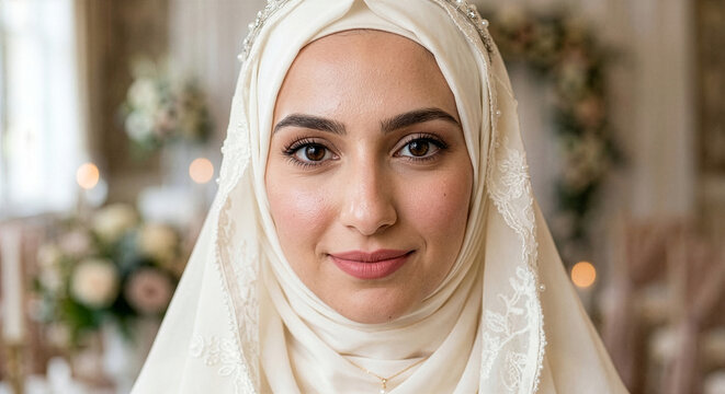 Beautiful Muslim bride wearing a white hijab and elegant veil