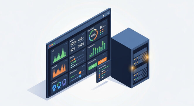 Isometric Server and Dashboard Displaying Real-Time Data Analytics.