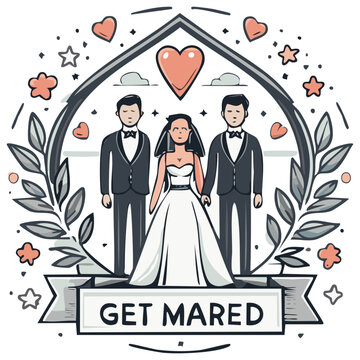Polyamorous throuple wedding celebration with two grooms and a bride cartoon illustration