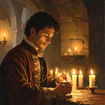 A man in ornate clothing sits at a table with candles