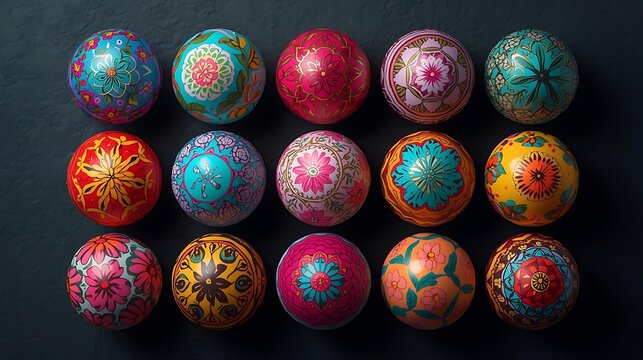 Artistic easter eggs with intricate mandalas in rows on dark backdrop with the festive obj