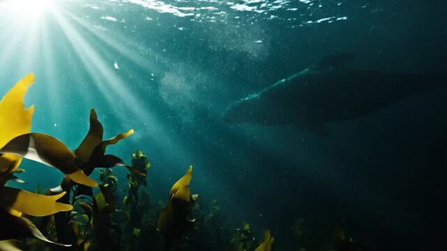 Sunlit underwater realm with kelp, shimmering currents, and rays breaking blue depths, in soft glow