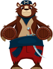 Naklejka premium Cartoon bear animal pirate crew vector character. Strong bear corsair in red trousers and navy sash, holding barrels as props and carrying a sword on belt. Cute vector personage for kids party