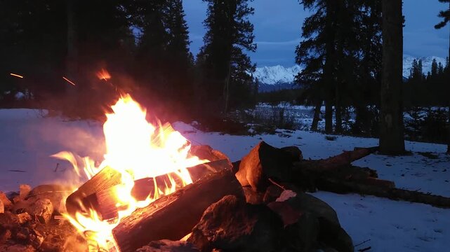Campfire at Dusk Along a Mountain River in Winter. A winter camping scene filmed in the fading light, setting a tranquil, introspective mood.