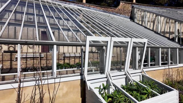 sustainable living and horticulture a garden conservatory with plants and a glass roof.